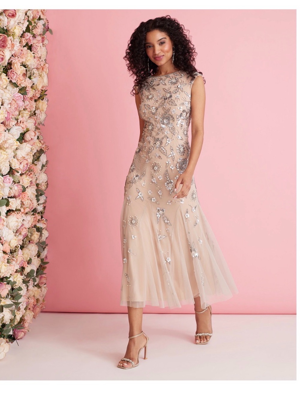 Adrianna Papell SZ 10 NWT Champagne Beaded Floral Sequin Midi Dress Cocktail MOB